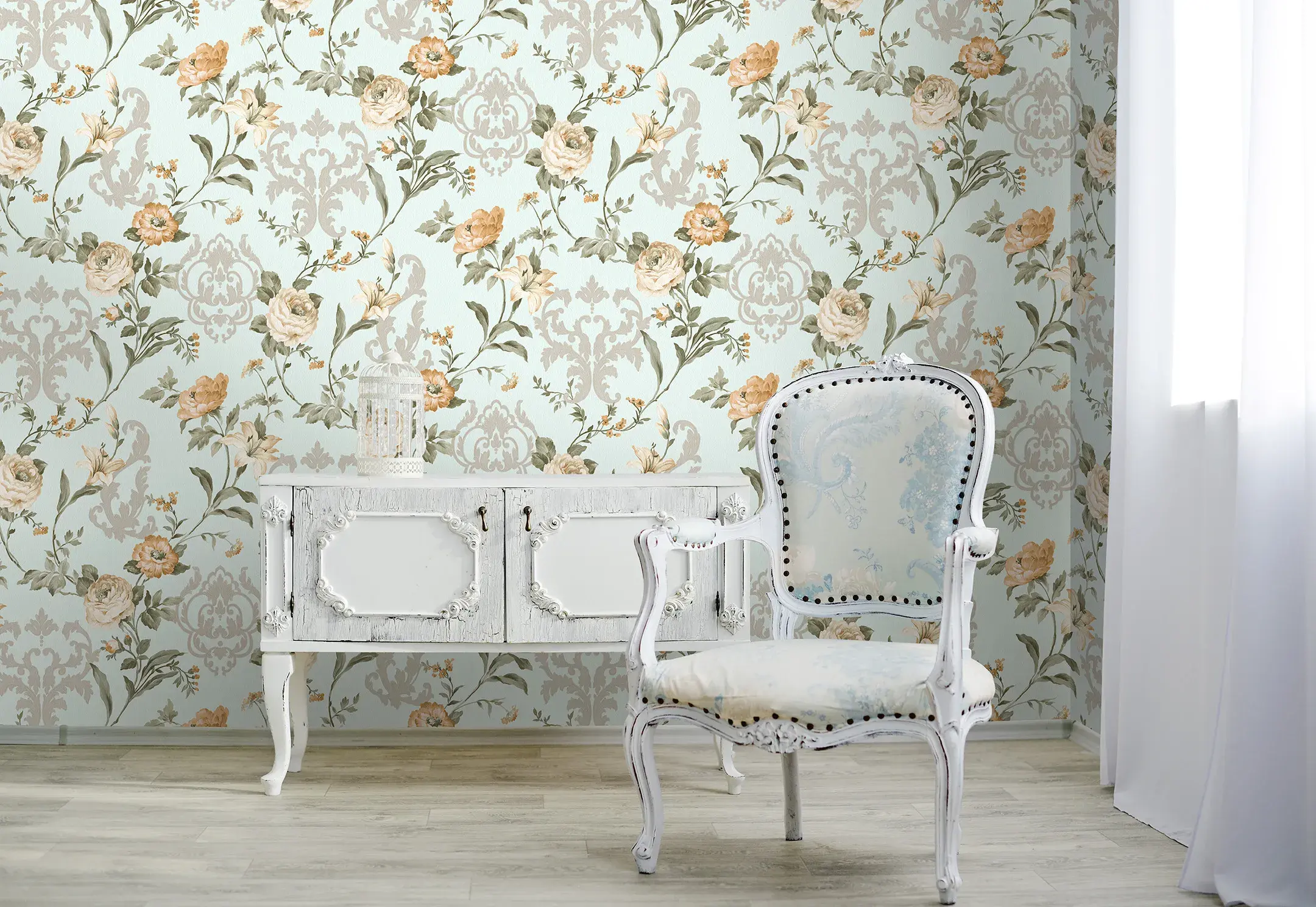 Mint Embossed Wallpaper – Flocked Roses (7803-2)